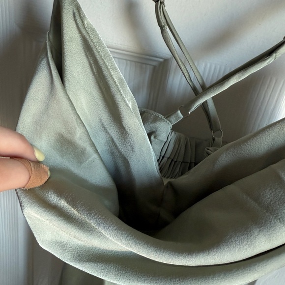 PRINCESS POLLY Jemma Mini Dress Sage Green Satin Silky Cutout Cowl Neck Dress 4 - Picture 3 of 7